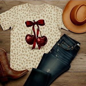 Leopard Cherry Bow Graphic Tee • Cute Y2K Aesthetic Shirt